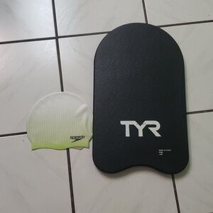 Brand new "TYR" black swimming training kickboard, swim cap speedo set
